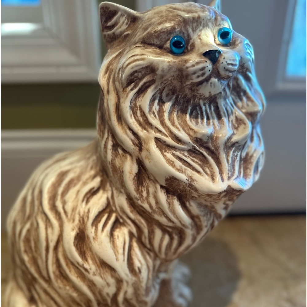 Mid-Century Large Porcelain Long-Haired Brown Cat Sculpture